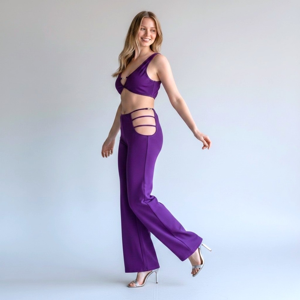 I.AM.GIA Lucid Top & Pants Set LG 2 pc Bralette Top Wide Leg Strappy Pant Purple